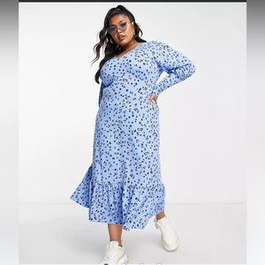 ASOS Simply Be puff sleeve peplum hem midi dress in blue floral size US 14